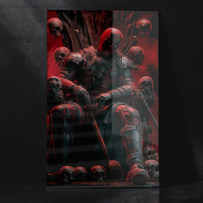 Deadpool Vicious Pose on Skull Throne with Sword and Battle Look Metal Poster
