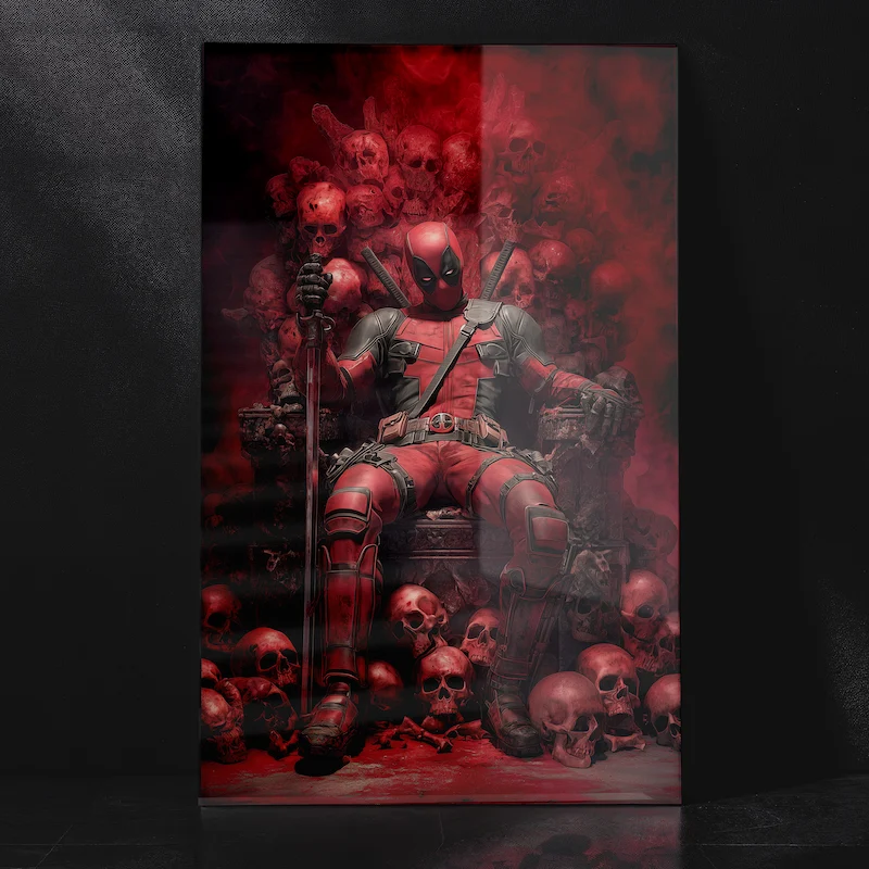Deadpool Dominating Skull Throne with Sword and Fierce Gaze Metal Poster