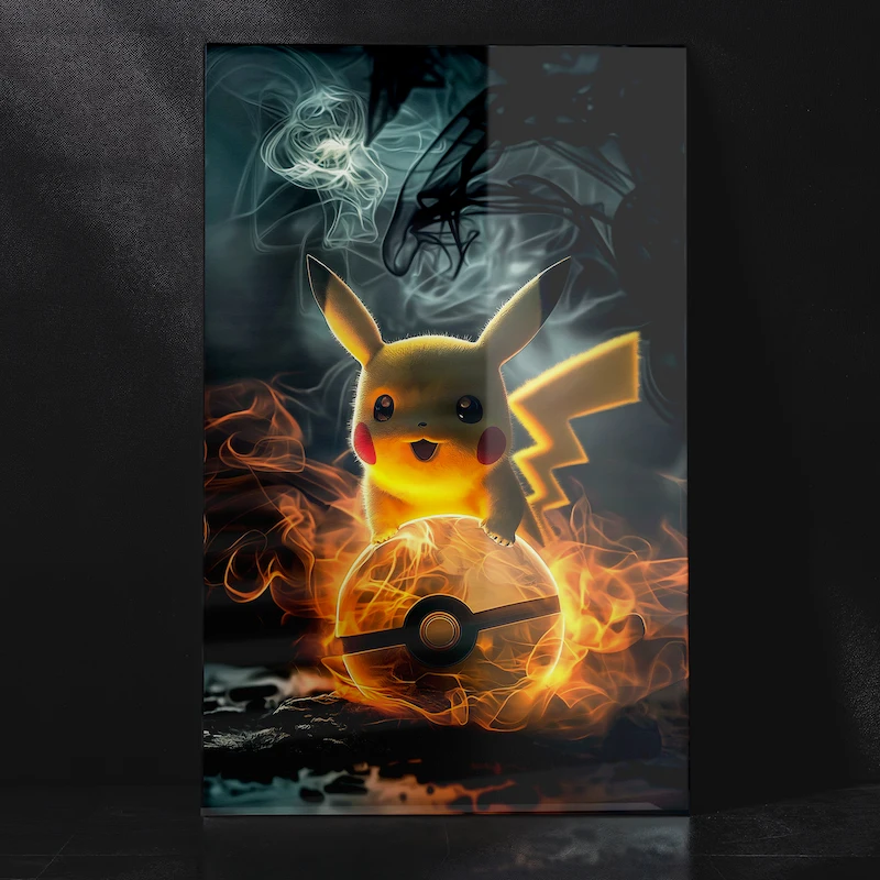 Smiling Pikachu with Pokeball Cute Anime Art Metal Poster
