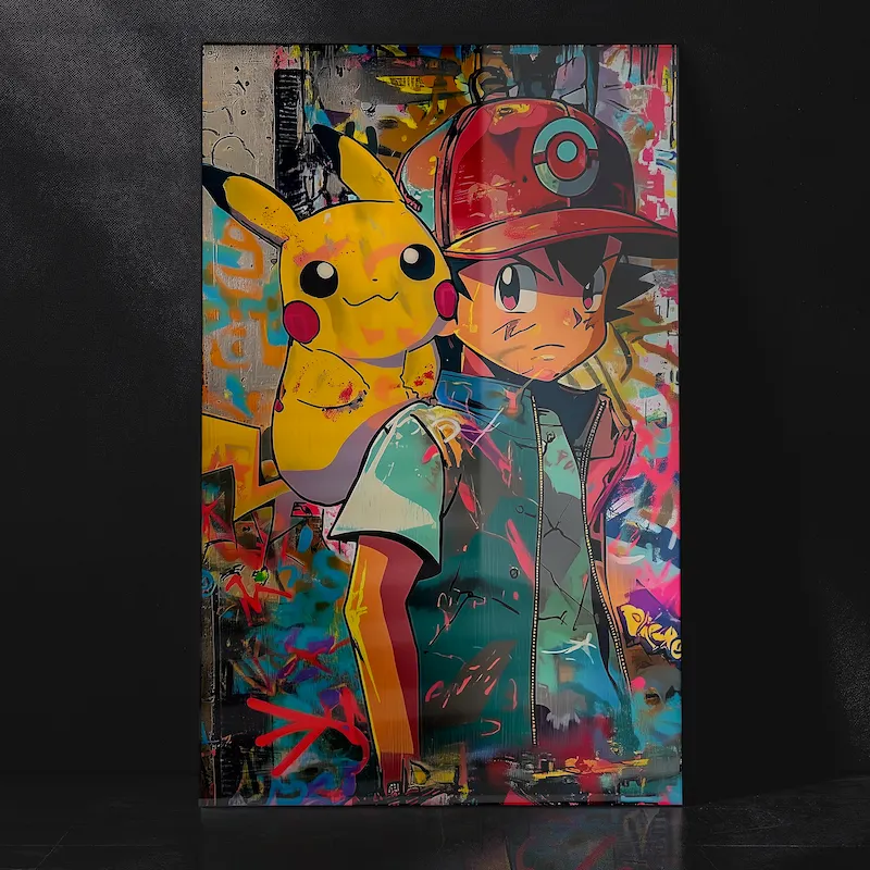 Ash Ketchum Cool Pose with Pikachu on Shoulder Metal Poster