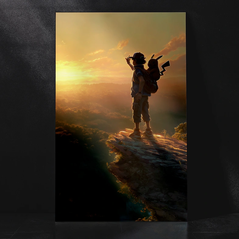 Ash and Pikachu Sunset Adventure Silhouette Anime Metal Poster