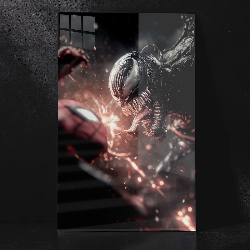 Marvel Superhero Venom and Spider-Man Clash Scene Metal Poster
