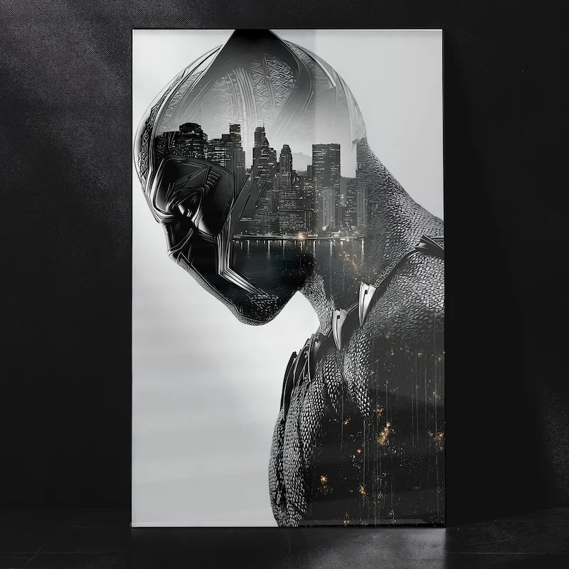 Black Panther Cinematic Cityscape Inside Face Look Premium Metal Poster