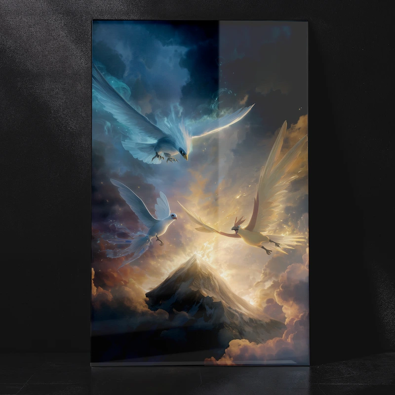 Legendary Pokémon Birds Clash – Articuno, Zapdos & Moltres Epic Battle Metal Poster